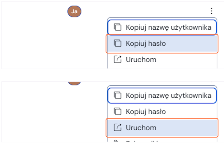 Menu kontekstowe dla zapisanych danych logowania - Bitwarden