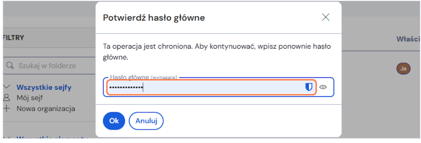 Potwierdzenie hasłem głównym - Bitwarden