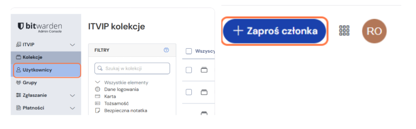 Zapraszanie użytkownika do kolekcji Ekran udostępnionej notatki - Bitwarden