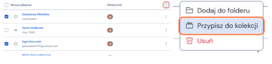 Przypisywanie elementów do kolekcji - Bitwarden