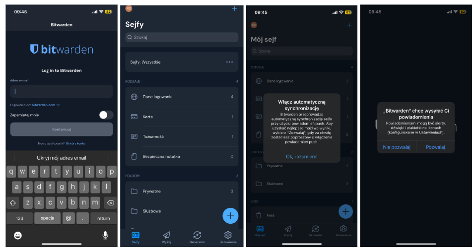 Interfejs aplikacji mobilnej - Bitwarden